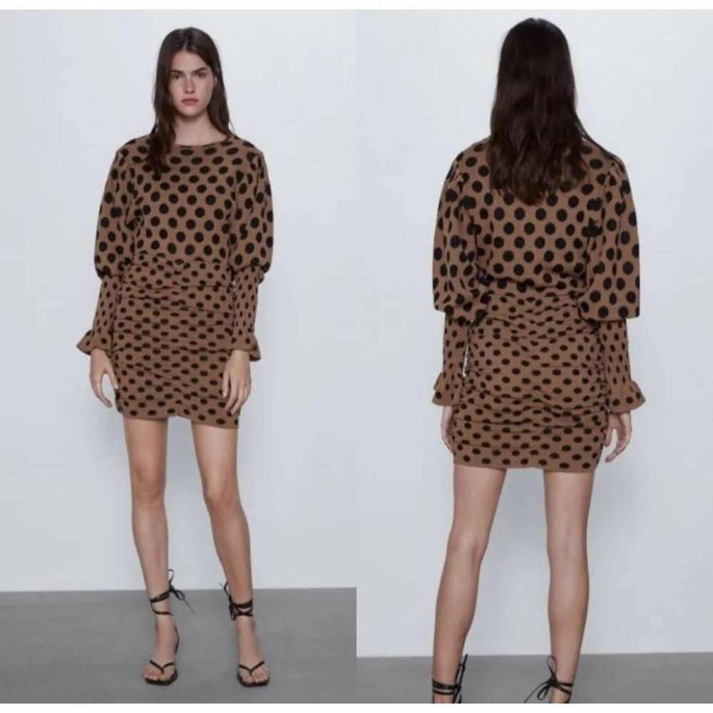 ZARA Tan Jersey Knit Fitted Dress Black Accent Flare Sleeves NWOT Size Large - Picture 5 of 9